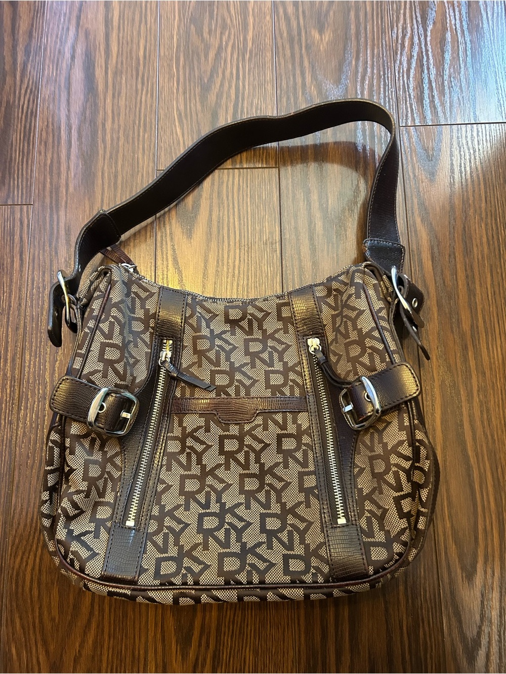 Vintage DKNY Brown Monogram Canvas Shoulder Bag Y2K Faux Lizard Trim